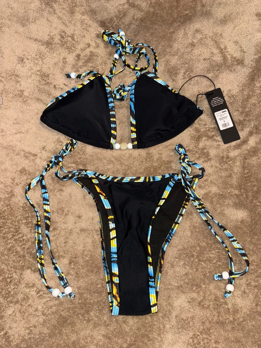 NWT Fashion Nova Black Bikini with Blue & Yellow Trim